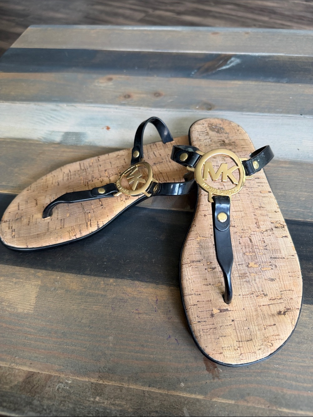 Michael Kors Black Patent Thong Sandals with Gold MK Emblem